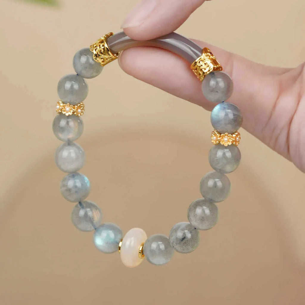 Gray moonstone women's half bracelet with 8mm round beads on wrist