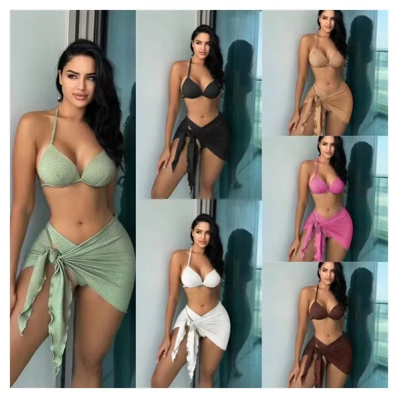 Women's three-piece swimsuit set in Russian split style, shown in a solid colour with top, panties, and skirt.
