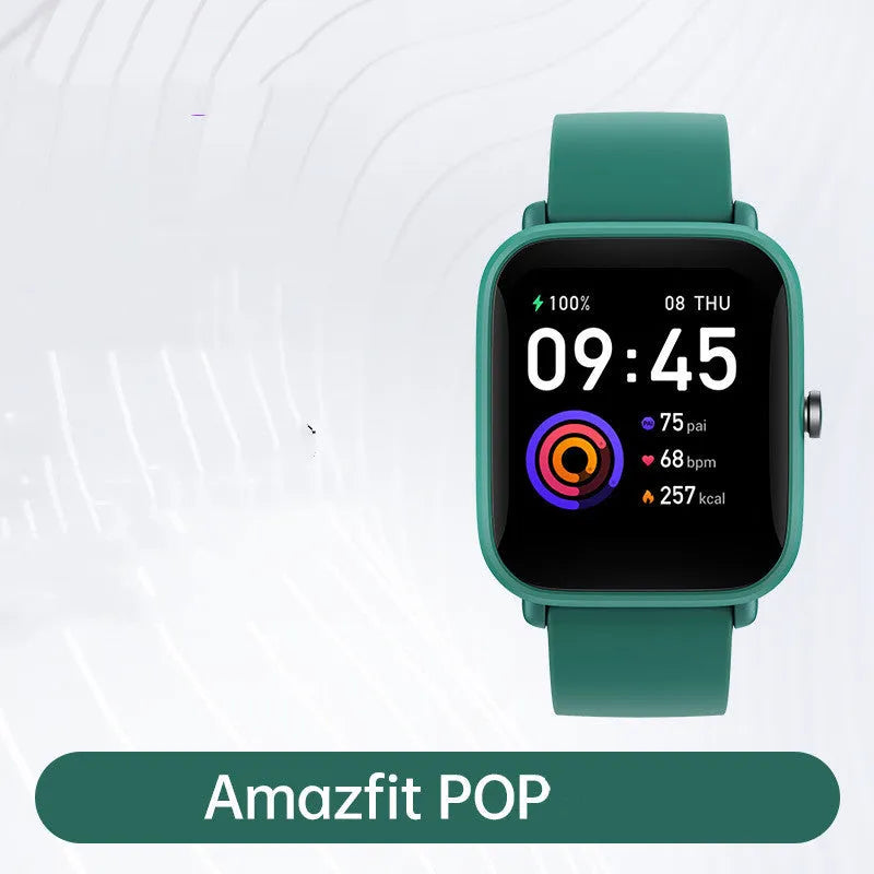 Smartwatch with colour screen displaying health metrics on silicone rubber strap
