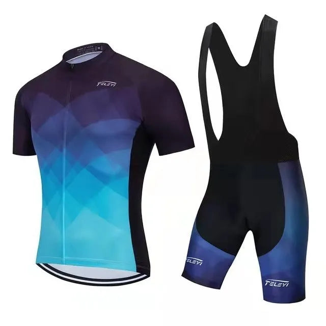 Cycling jersey and bib shorts set for men and women in a moisture-wicking fabric.