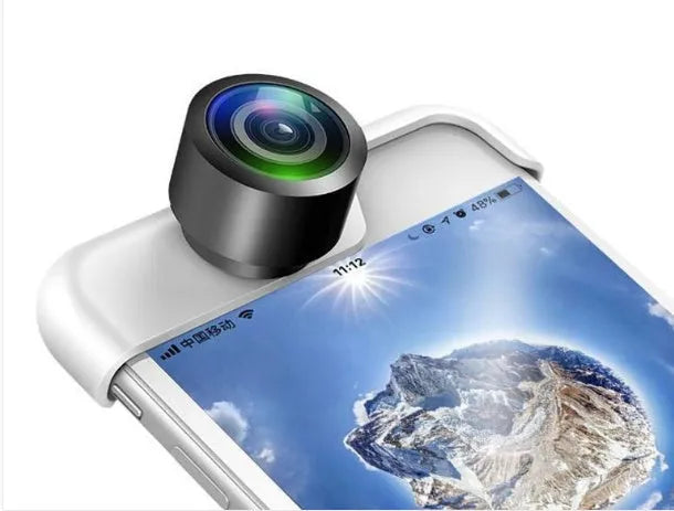 Universal 360-degree panoramic camera lens attached to an Apple iPhone.