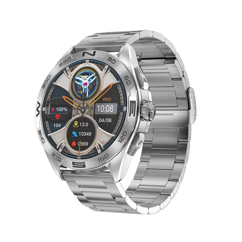 Black smart watch with touchscreen displaying heart rate and WhatsApp notification on a wrist.