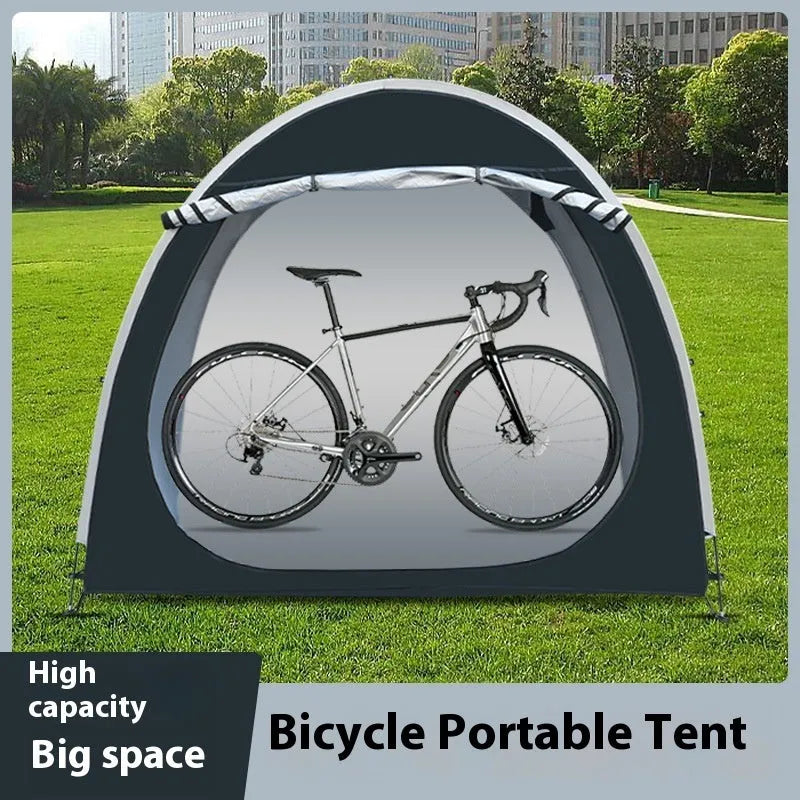 Large black outdoor bicycle storage tent showing roof design, suitable for 2-3 bikes.