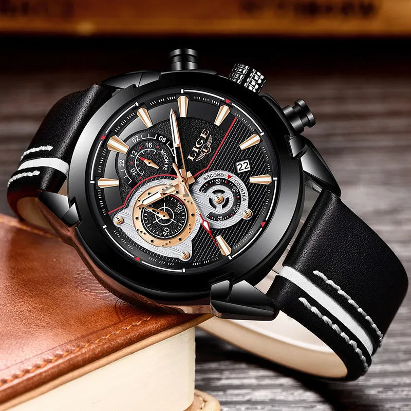 LIGE men's quartz chronograph watch 45mm stainless steel case black dial leather band luminous hands