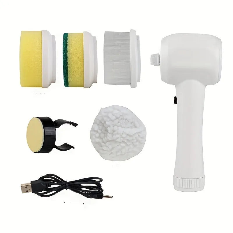 5-in-1 electric rotary brush cleaner with interchangeable heads for bathroom sink kitchen and window cleaning in white
