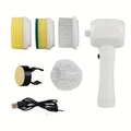 5-in-1 electric rotary brush cleaner with interchangeable heads for bathroom sink kitchen and window cleaning in white