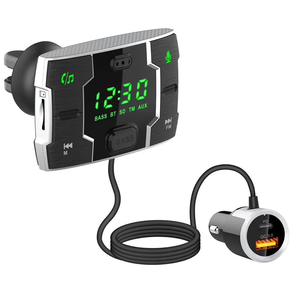 Car FM transmitter music player with Bluetooth and 1.2 inch display, black ABS, 148g gross weight