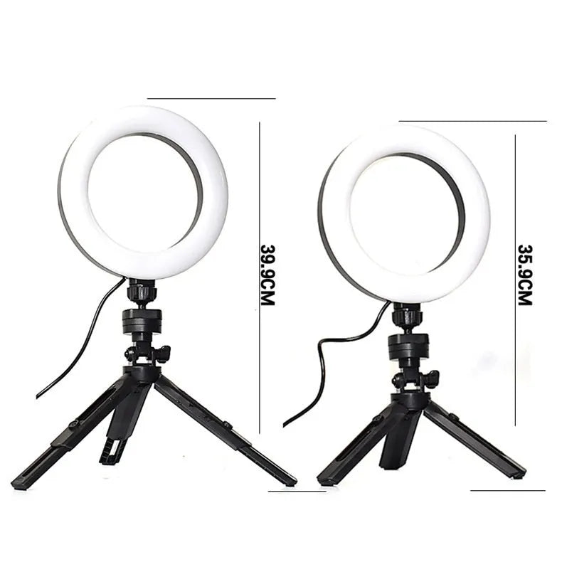 Black desktop mobile streaming bracket with adjustable colour fill light on tripod stand
