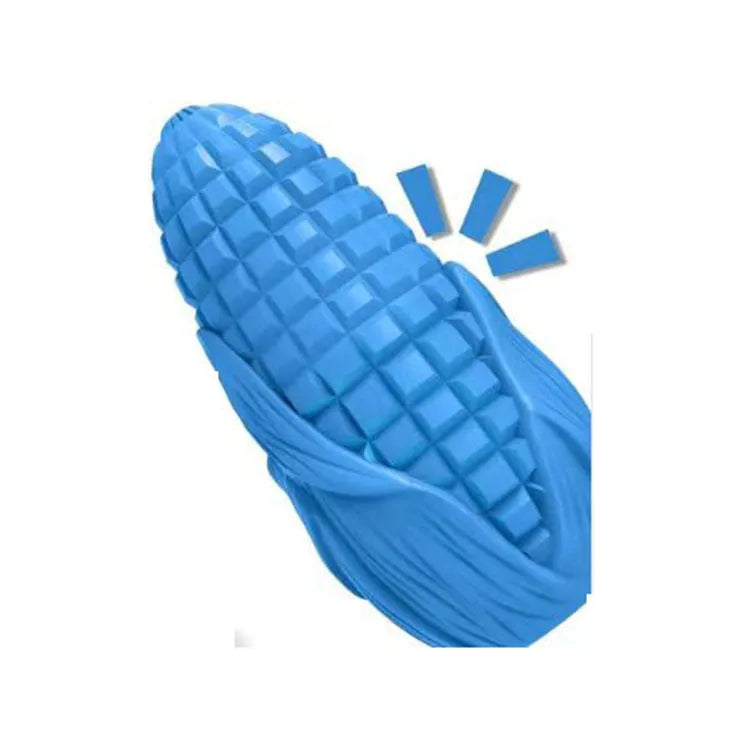 Blue and yellow corn-shaped dog chew toy for medium large breed aggressive chewers