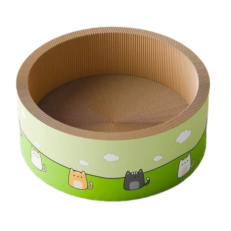 Large round deep pit corrugated paper cat scratch board measuring 50cm in diameter on a wooden floor.