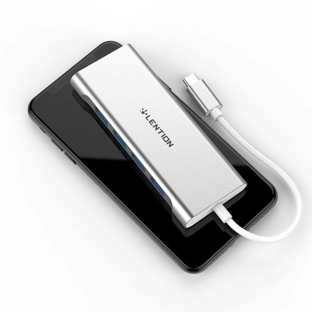 Lansheng USB Type C hub with four USB 3.0 ports and HDMI output in silver on a desk