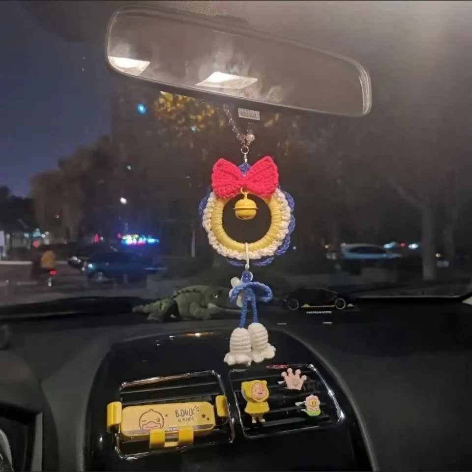 Handmade Snow White plush yarn car hanging ornament with optional red wind chime.