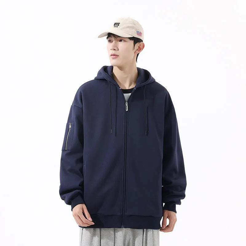 Teenagers loose hooded cardigan in solid colour polyester fibre, available in black, gray, and dark blue