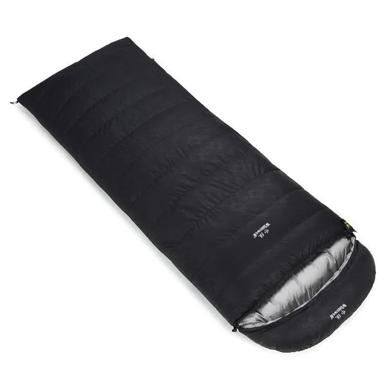 Black outdoor sleeping bag with envelope structure and goose down filling.