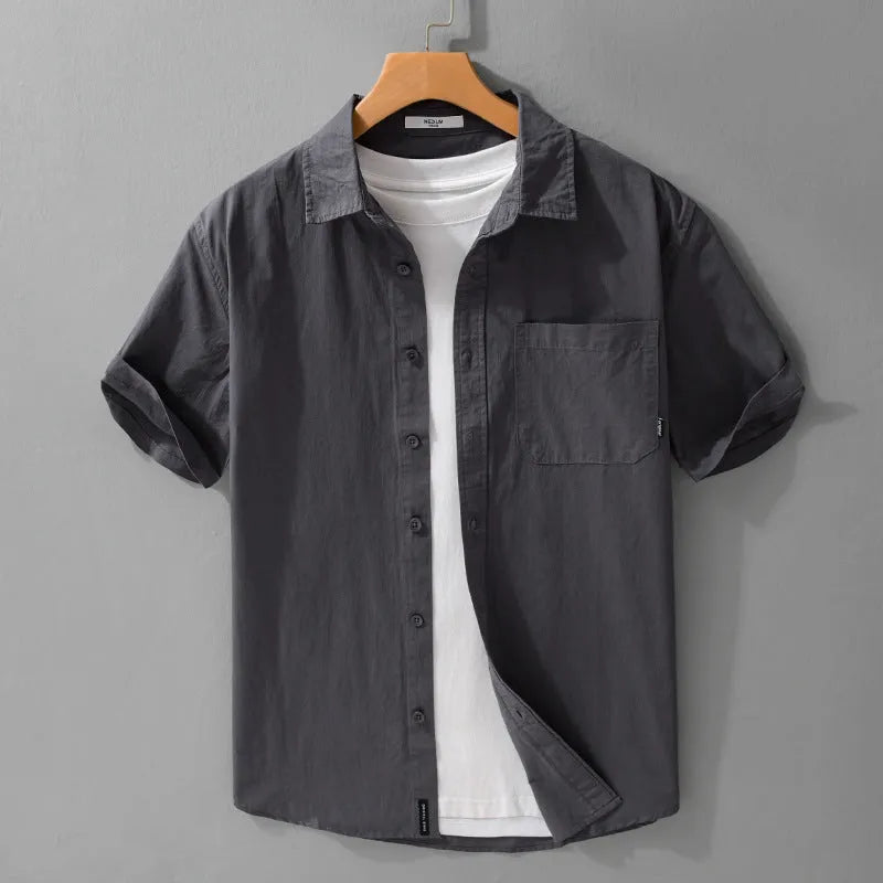 Man wearing a loose fit light blue pure cotton short sleeve button-up shirt