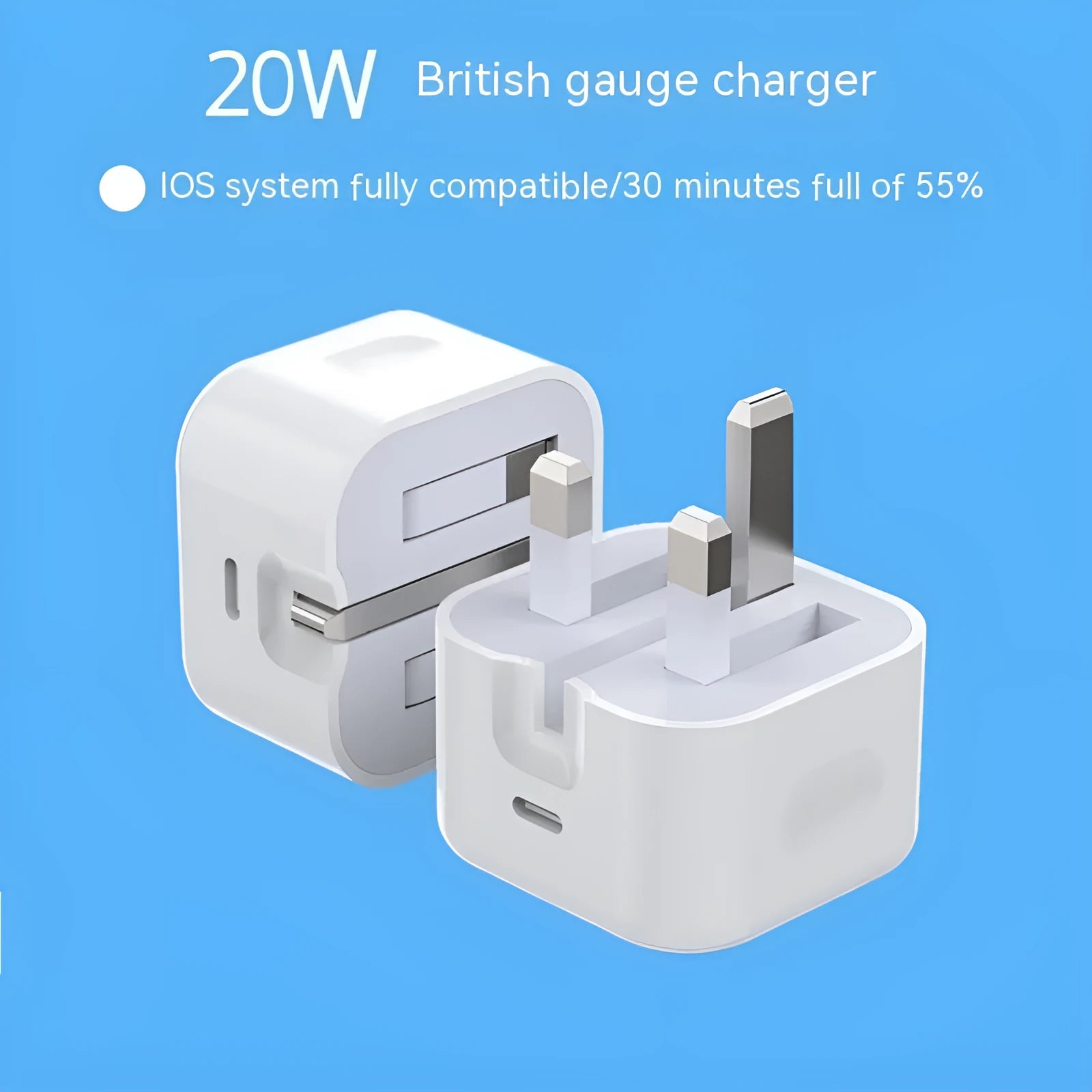 White 20W PD fast charger with UK plug and a USB Type-C charging cable.