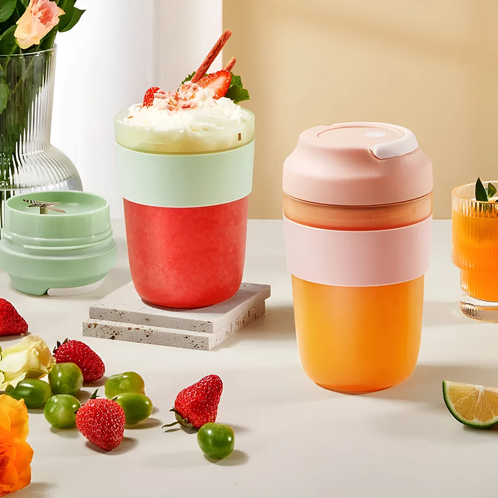 Portable purple blender cup with four stainless steel blades and a USB charging cable