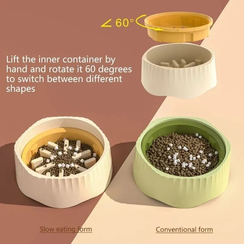 Detachable cat slow feeding bowl with obstacle ridges in blue, green, pink or white colour
