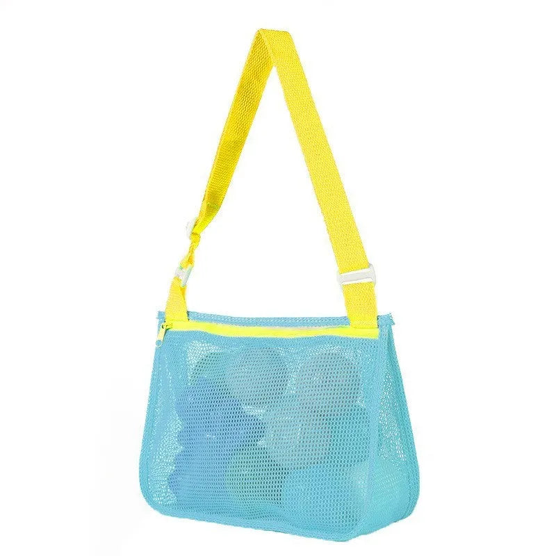 Blue nylon mesh travel storage bag with zip closure for children's toys and clothes