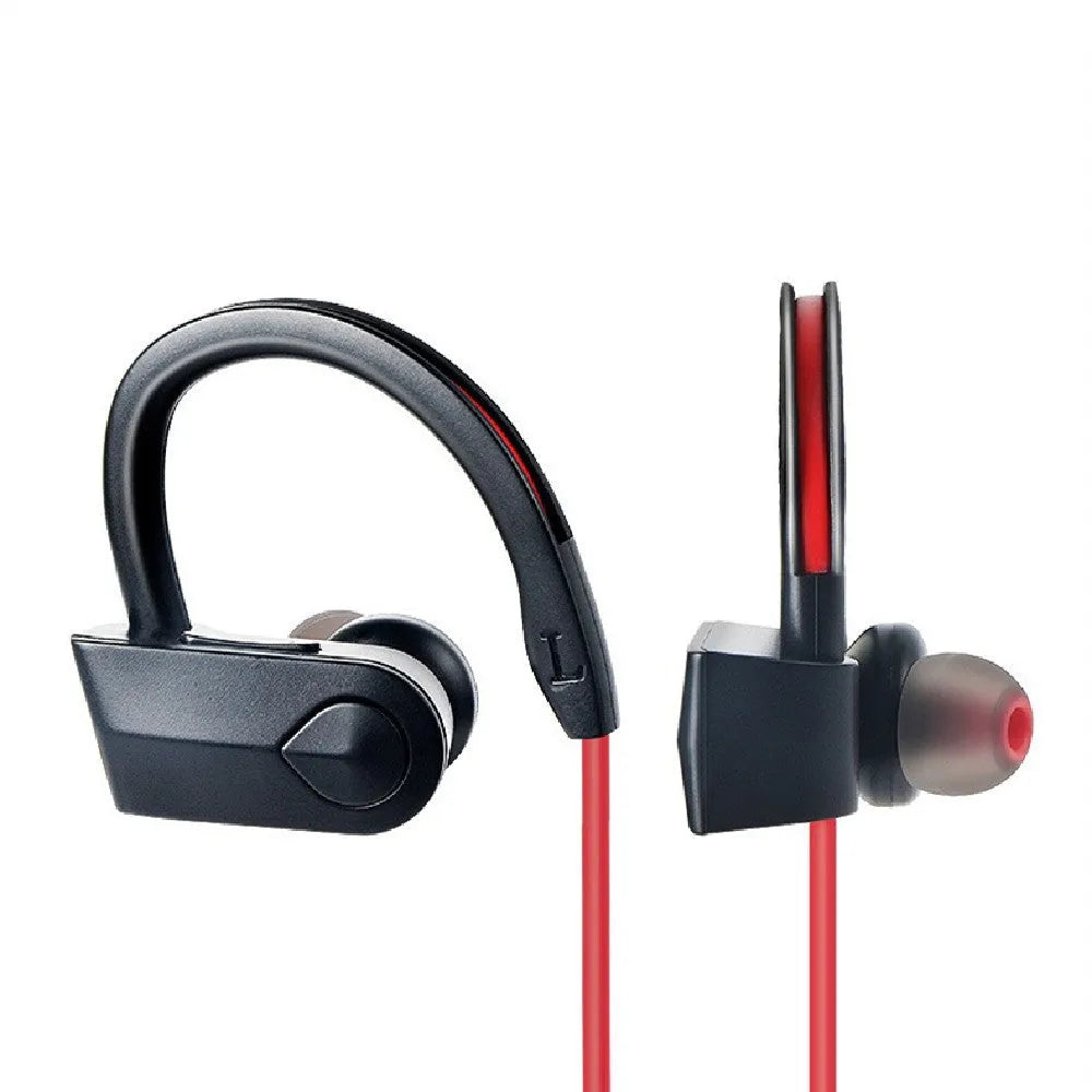 Black wireless neckband Bluetooth earphones with in-ear buds and a USB charging cable.