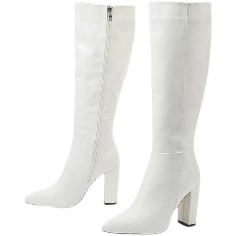 Women's pointed toe boots with side zipper, chunky extra-high heel, PU upper, in black