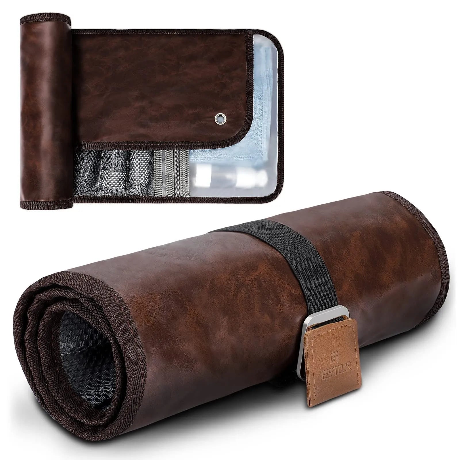 Men's black PU travel wash bag with portable reel design and storage compartments