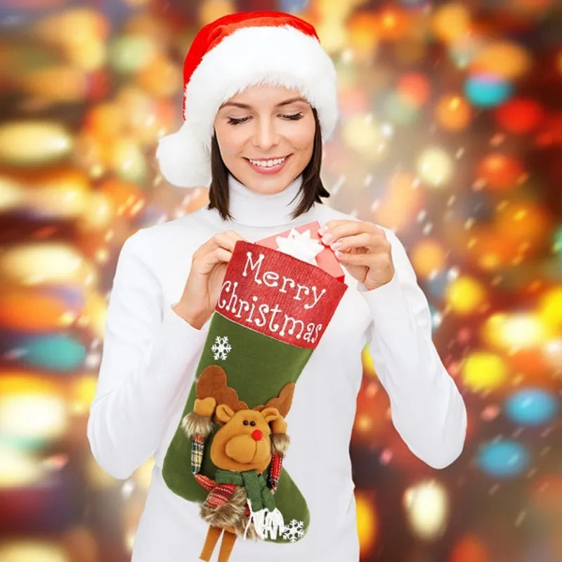 Three large Christmas stockings with 3D Santa, Snowman, and Reindeer designs hanging from loops