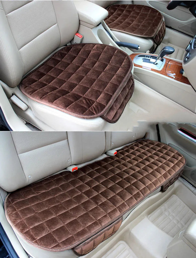 Checkered embroidered plush car seat cushion set in brown, beige, black or grey with non-slip backing