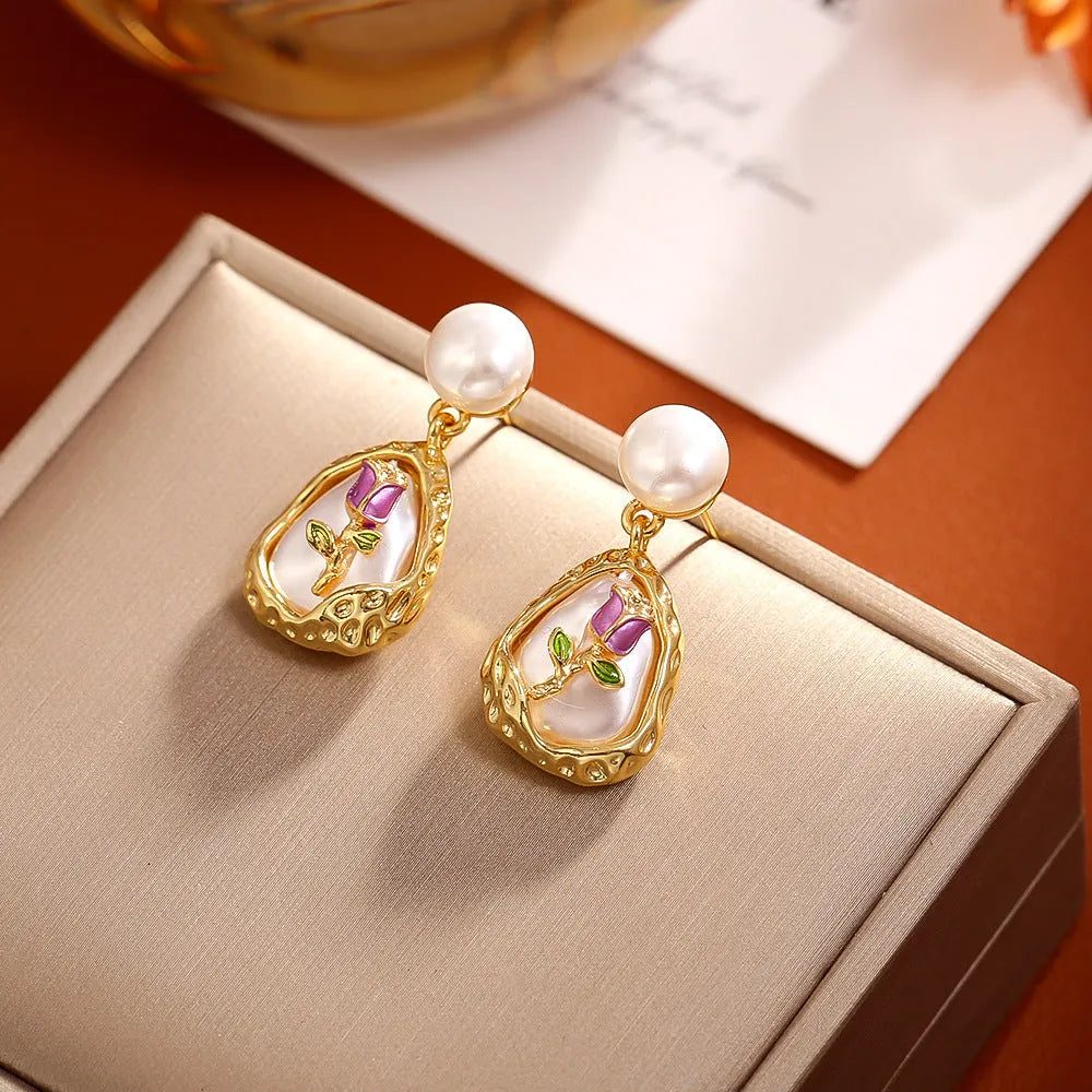 Rose baroque pearl stud earrings copper base pearl inlay geometry shape