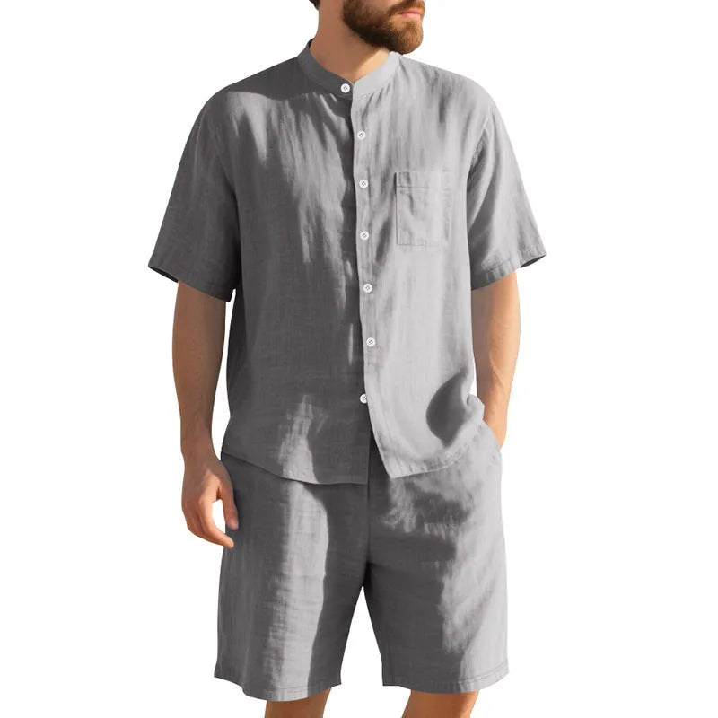 Men's linen two-piece suit with Henry collar short sleeve shirt and matching shorts in various colours
