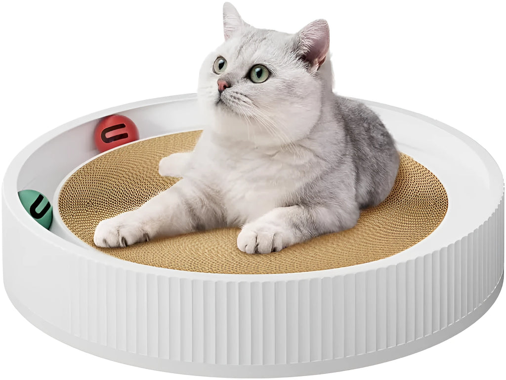 Large circular cat scratching board with moving ball toys measuring 45cm diameter