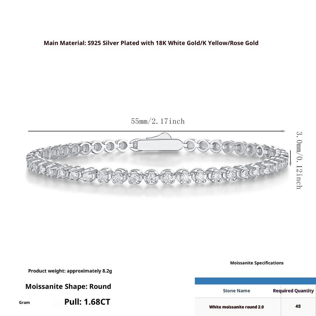 S925 sterling silver geometric women's bracelet with D-E extremely white moissanite, 16.5 cm, white colour
