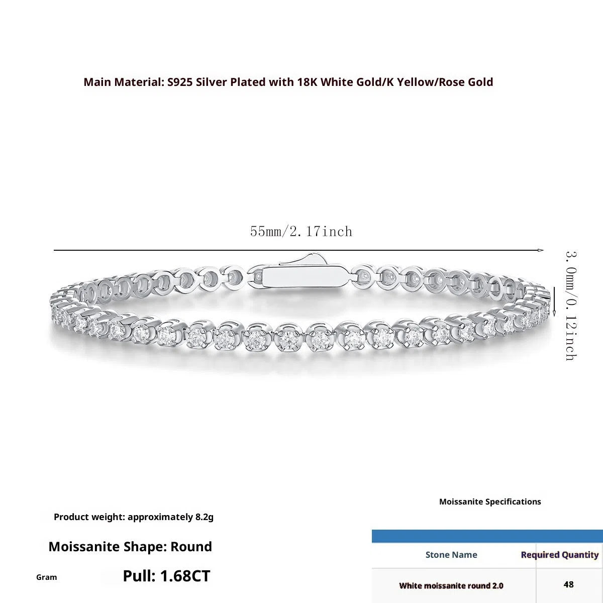 S925 sterling silver geometric women's bracelet with D-E extremely white moissanite, 16.5 cm, white colour