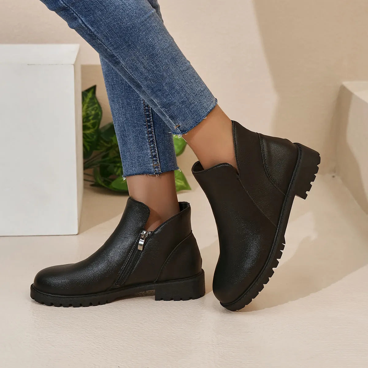 Women's casual low-cut ankle boots in dark brown with chunky heel, side zipper, and stitching on synthetic PU upper