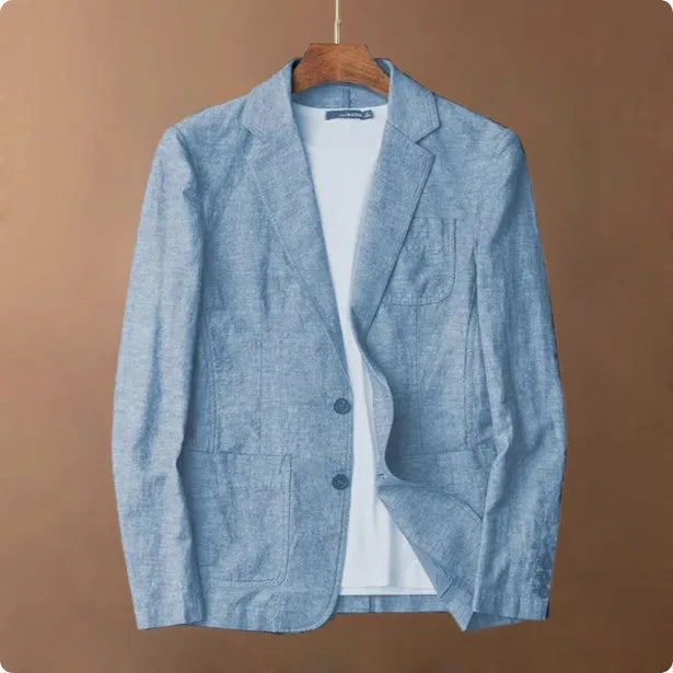 Men's thin linen suit coat in a solid colour with a stick pocket on the chest.