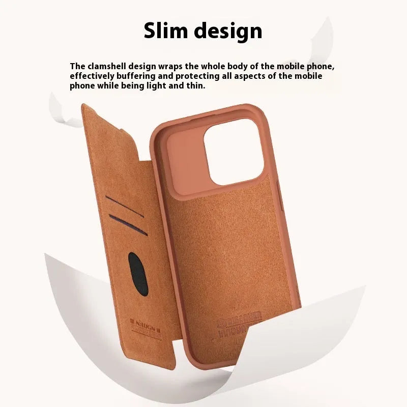 Black imitation leather flip phone case open next to an iPhone.