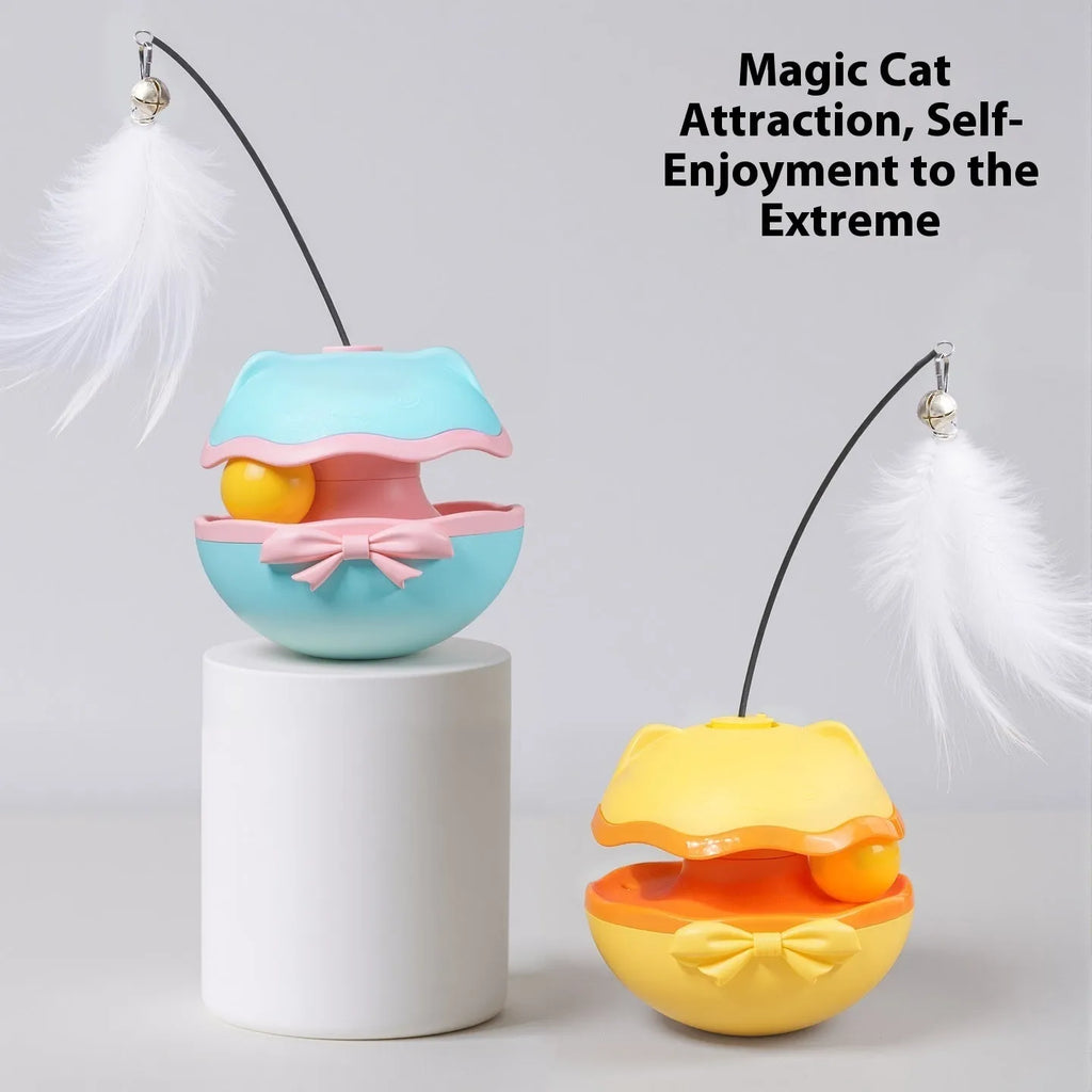 Electric cat toy tumbler ball in soft fog grey colour, showing smooth plastic surface and on/off switch on base.