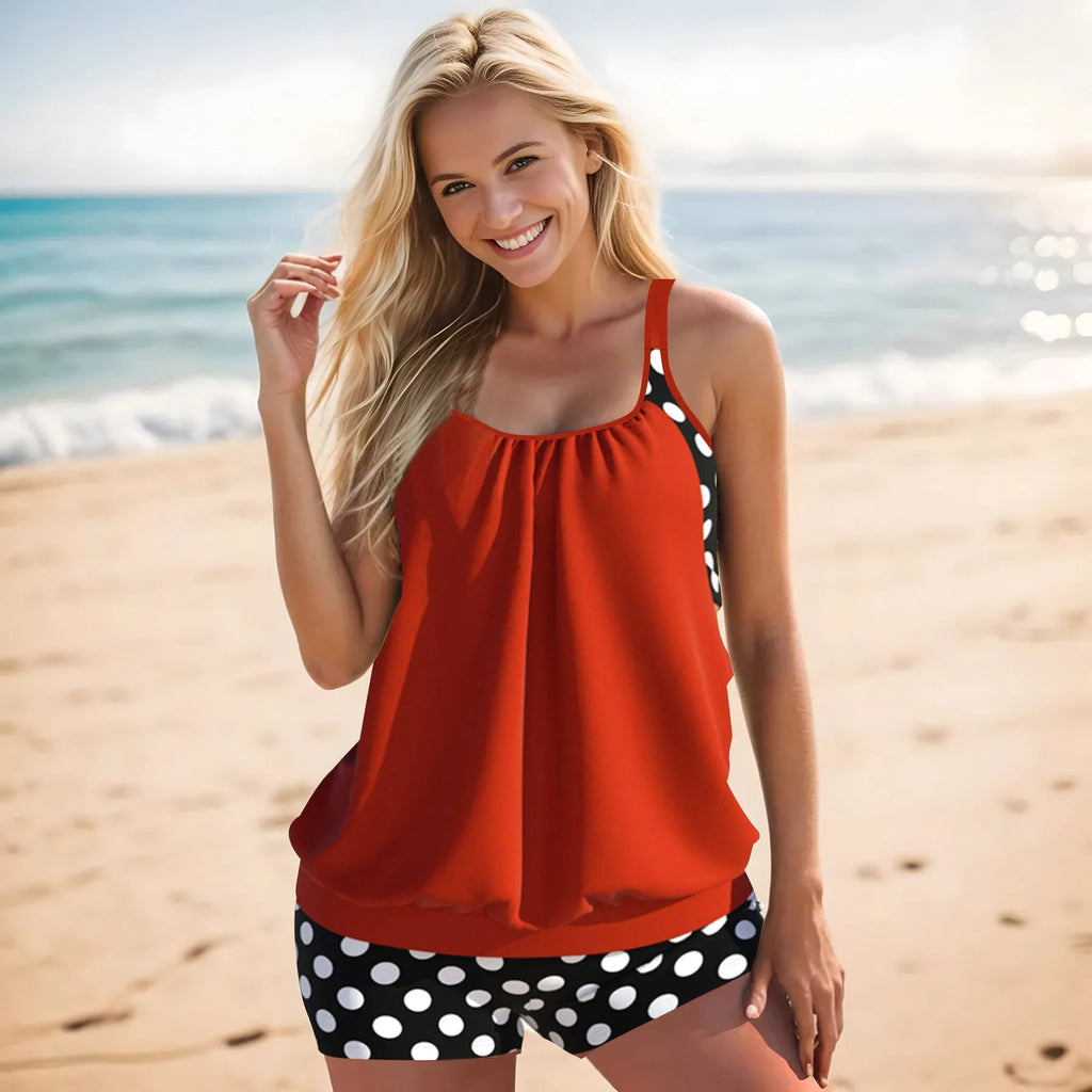 Women's black polka dot high-waist boxer swimsuit made of polyester fabric.