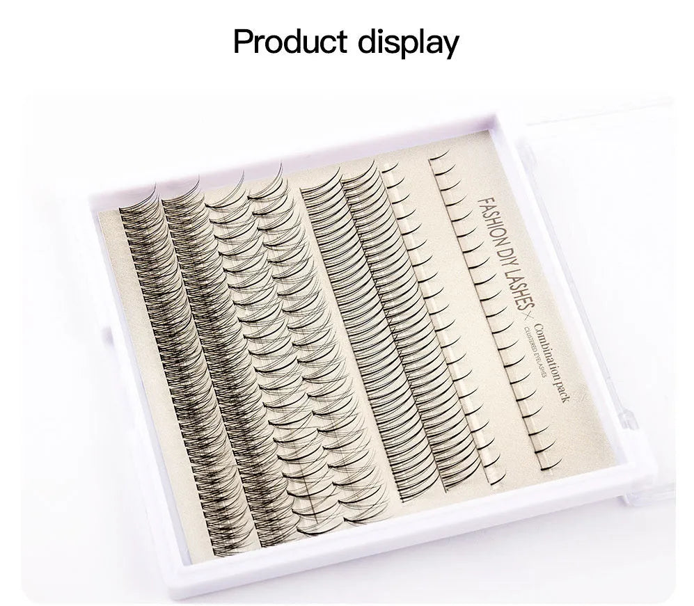 DIY false eyelash extension kit showing segmented clusters, black and pink adhesive bottles, an applicator brush, and tweezers on a pink background.