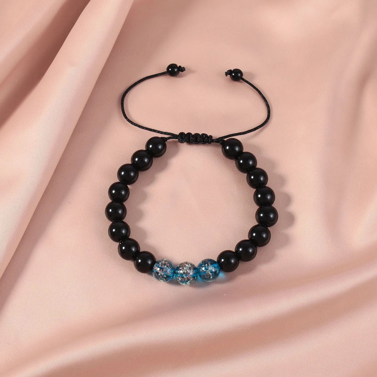 Adjustable luminous glass bead bracelet in geometry shape with coloured glaze finish