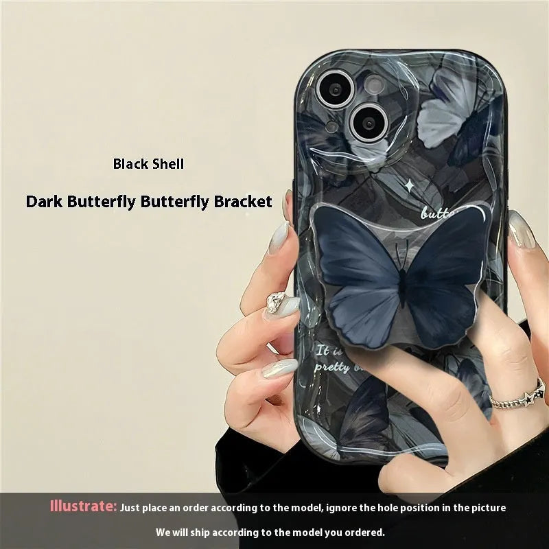 Butterfly bracket silicone drop-resistant phone case for Apple iPhone, solid black design, thermal transfer process, all-inclusive protection