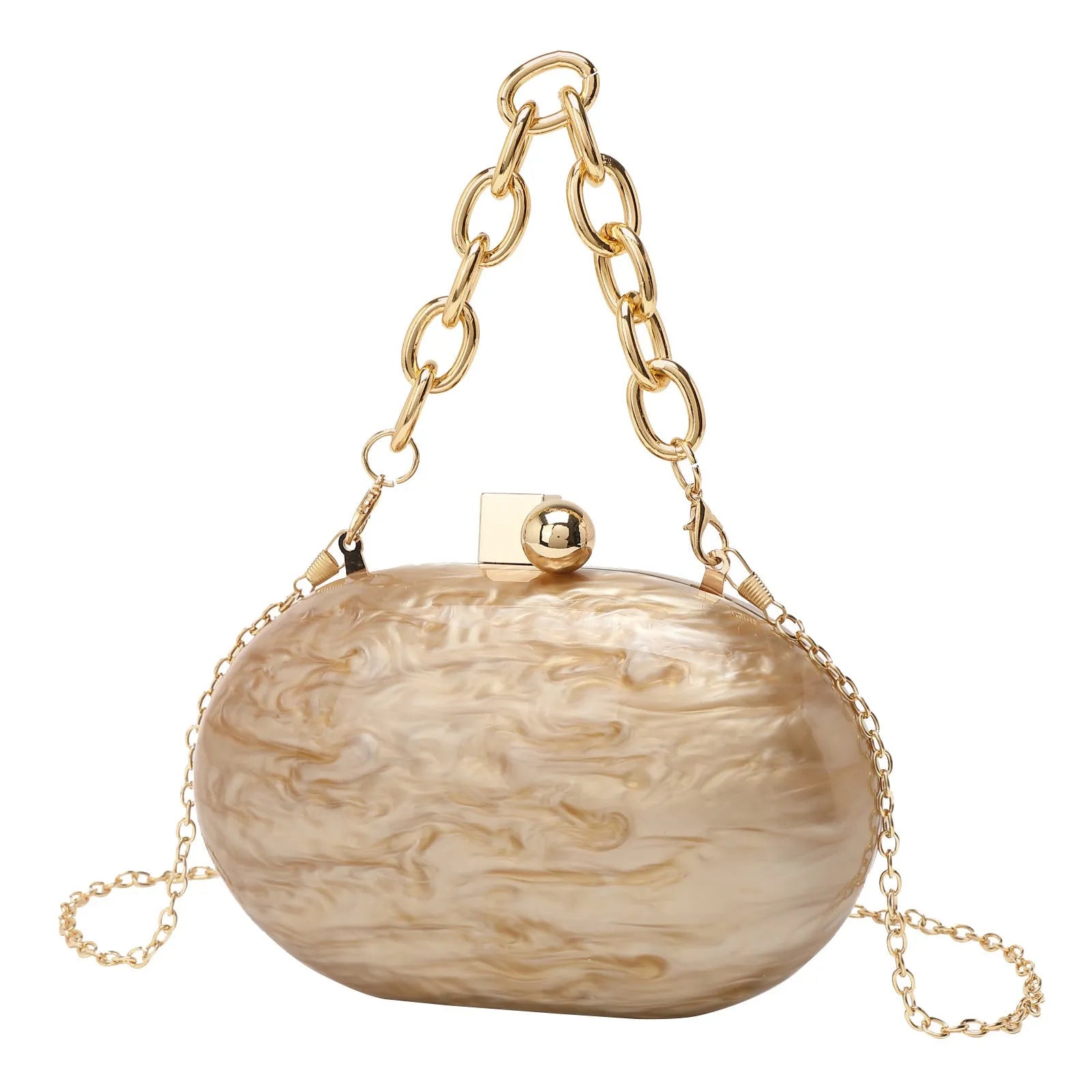 Hard acrylic oval chain crossbody bag with retro design and internal organisation pockets