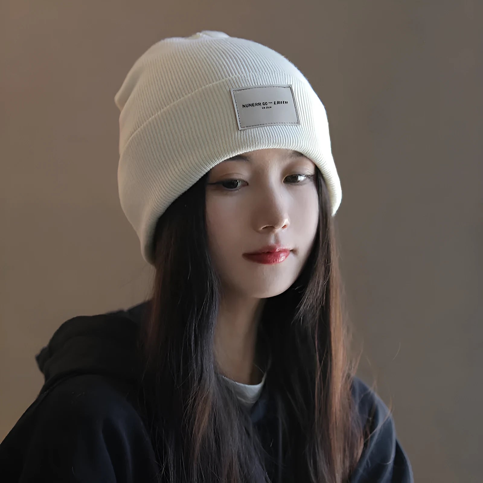 Women's knitted hat in beige, dome crown style, polyester fabric, free size, winter autumn accessory