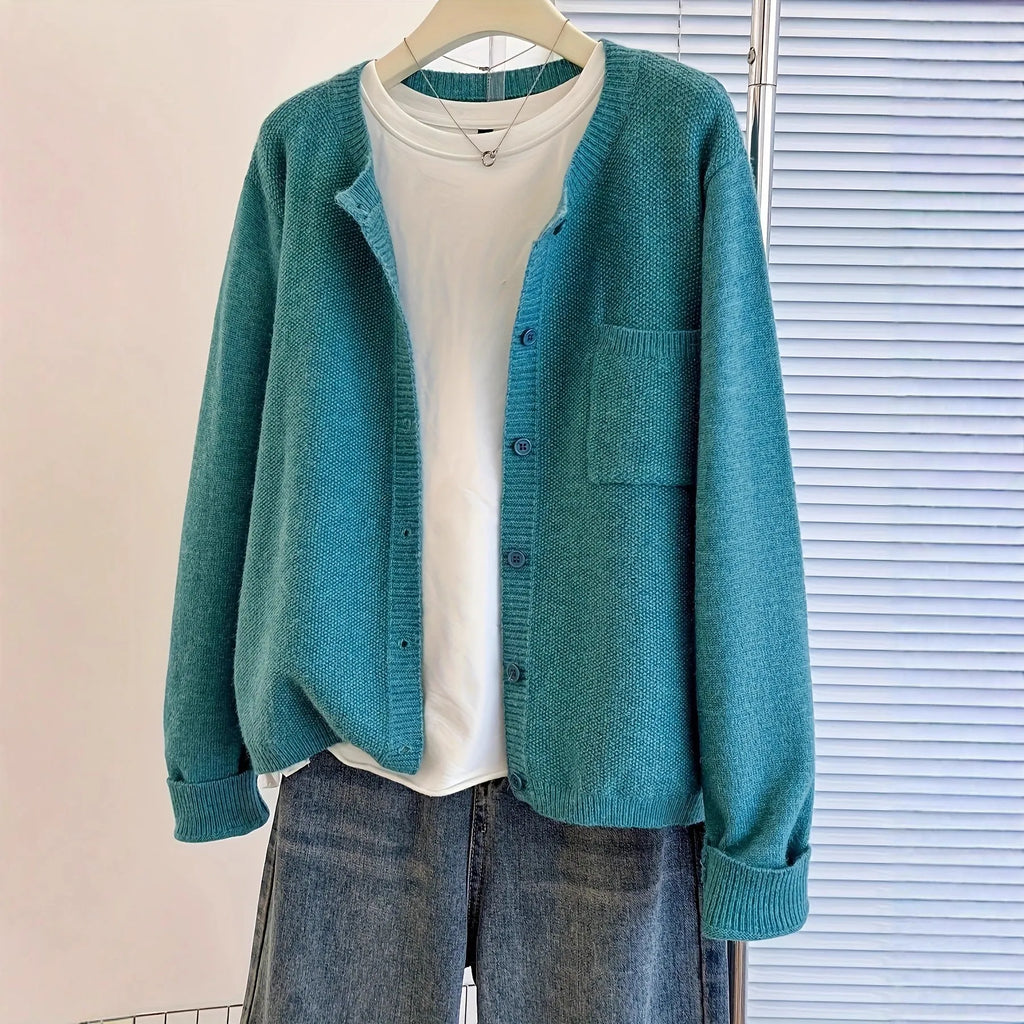 Solid colour round neck cardigan jacket for women in sky blue with button front and princess sleeves