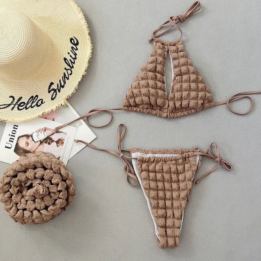 Brown seersucker women's lace-up three-piece bikini swimsuit with skirt