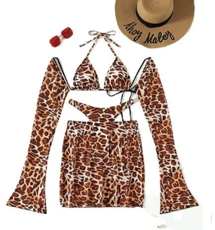 Leopard print women's bikini set with top, skirt and panties for swimming