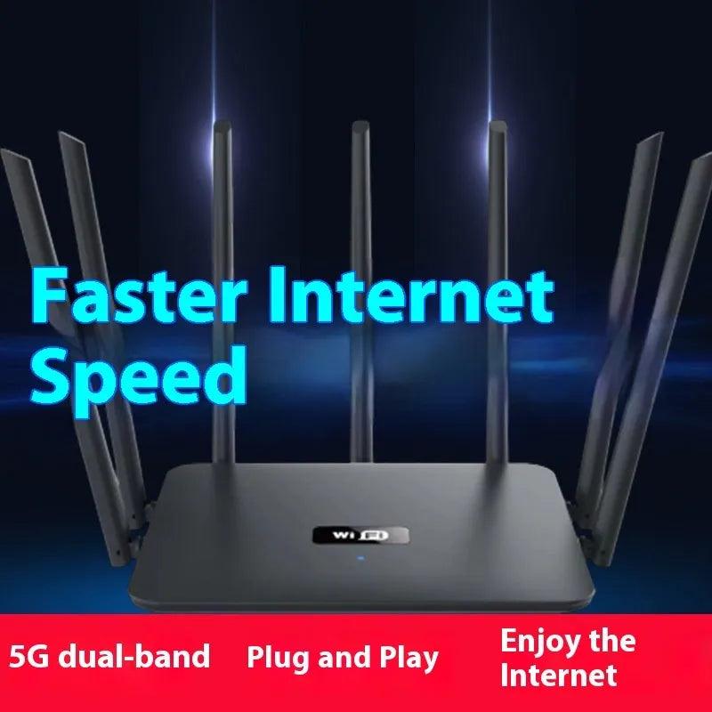 Black and white dual-band 5G gigabit home router with multiple antennas on a desk.