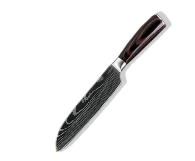 Carpenter's Special kitchen knife with laser Damascus pattern blade and coloured wood handle
