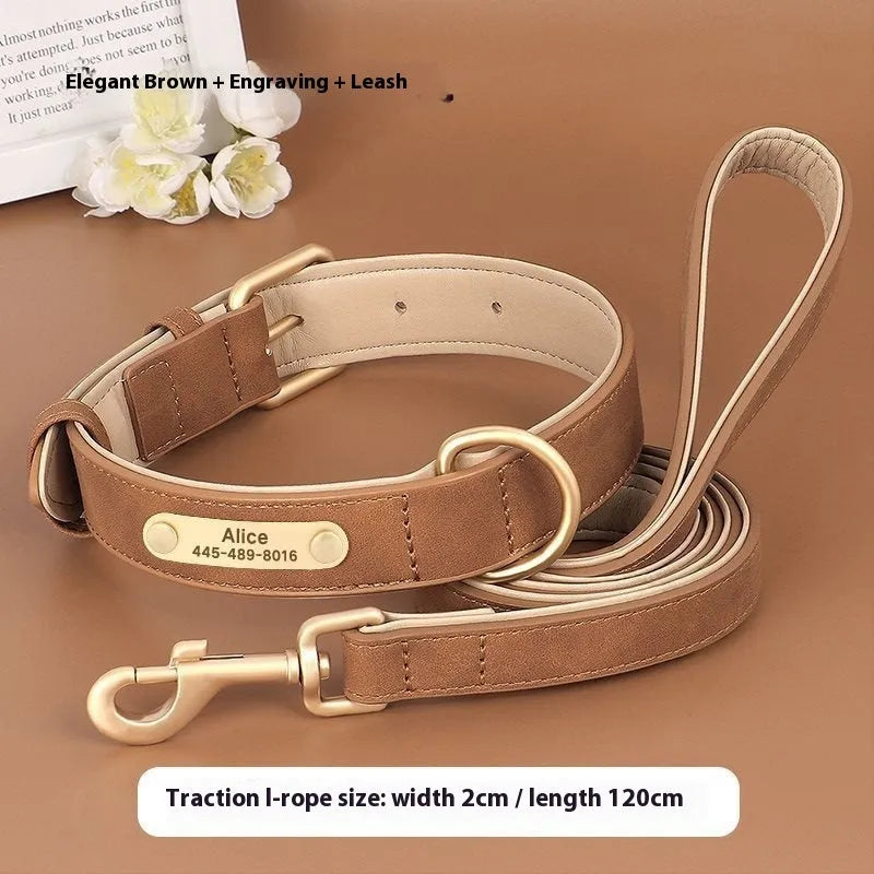 A rose red double-layer leather dog collar with mohair backing, shown with its matching traction rope.