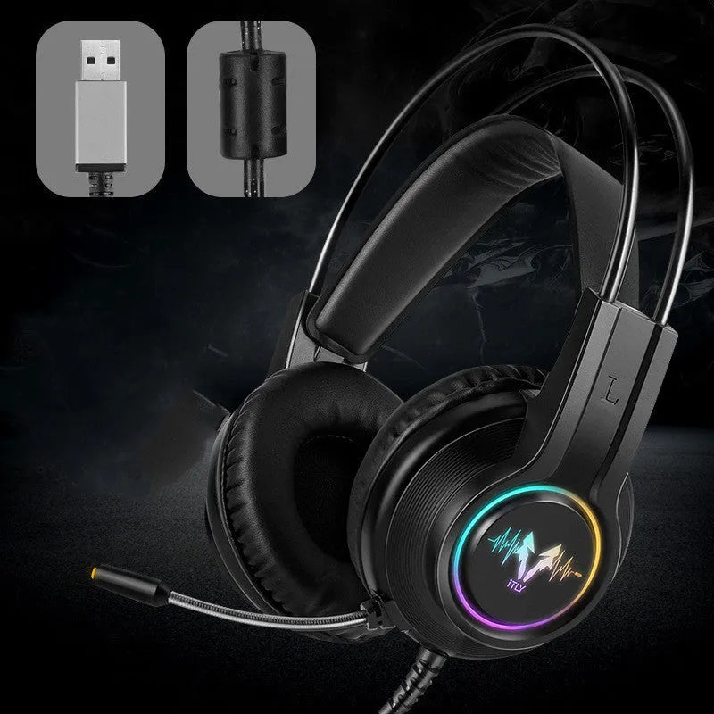 M5 gaming headset with RGB lighting on earcups, leather padding, and a flexible gold steel headband.